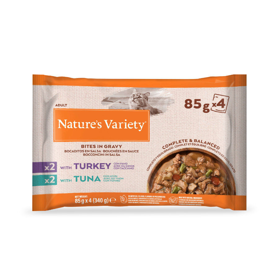 4 saquetas x 85 g Nature's Variety Peda&ccedil;os de Peru e Atum Saquetas com molho para gatos, , large Imagem n&uacute;mero 2